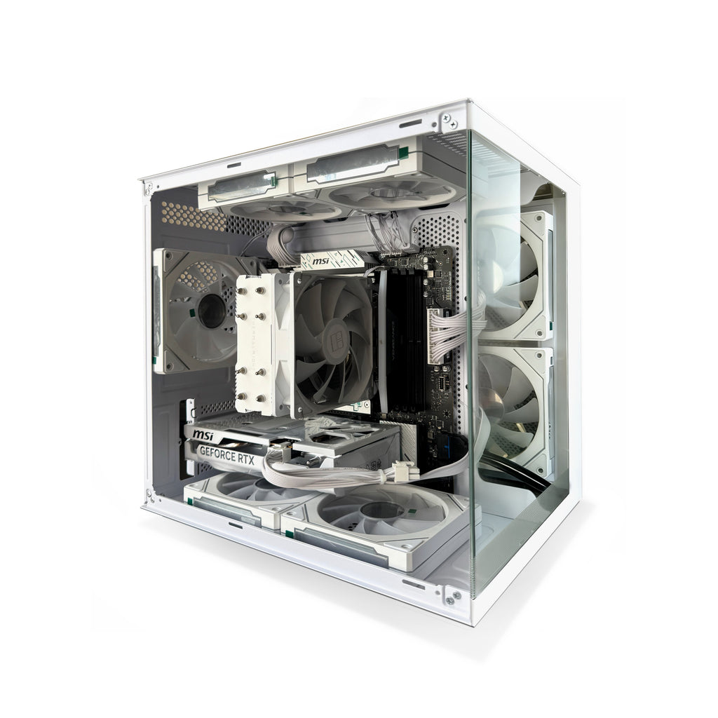 Bodian Elite Series White Mini Haven – compact white gaming PC with AMD 9600X and RTX 5060-side view